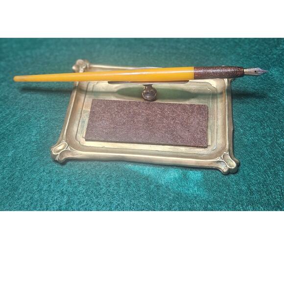 ANTIQUE European style gold tone Pen holder and blotter with dip pen - Picture 1 of 10